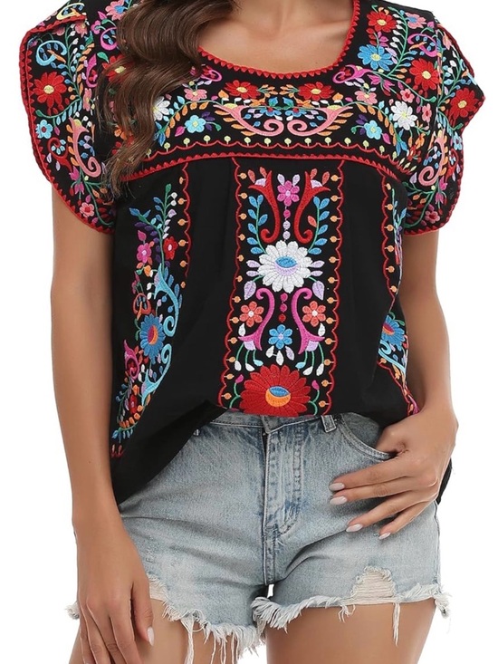 YZXDORWJ Tops - YZXDORWJ Women’s Mexican Boho Embroidery Tunic Top | Size XL | Black Floral